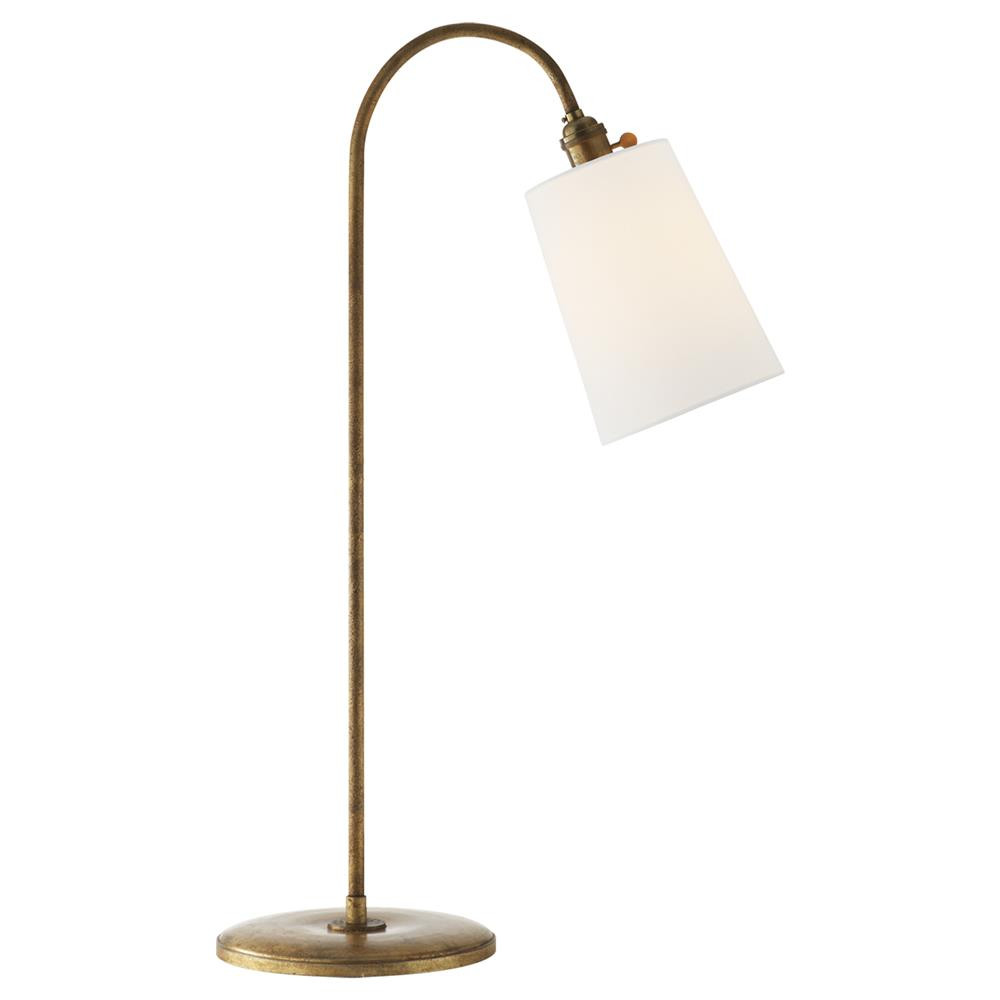 Visual Comfort Mia Mid Century Modern Gilded Iron Linen Shade Desk Table Lamp | Kathy Kuo Home