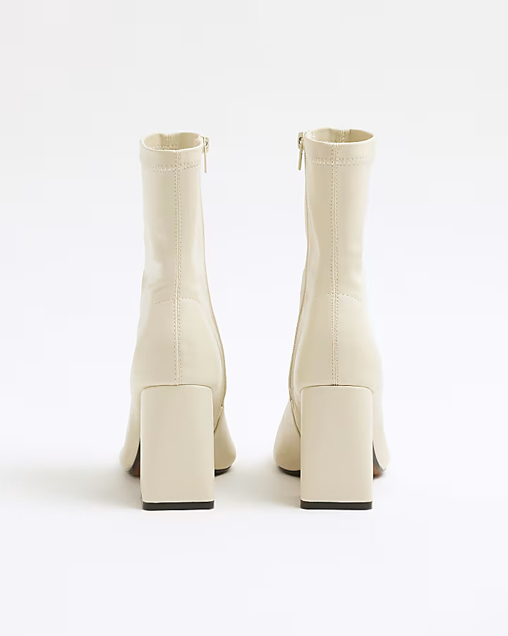 Cream Faux Leather Block Heeled Boots | River Island UK & IE