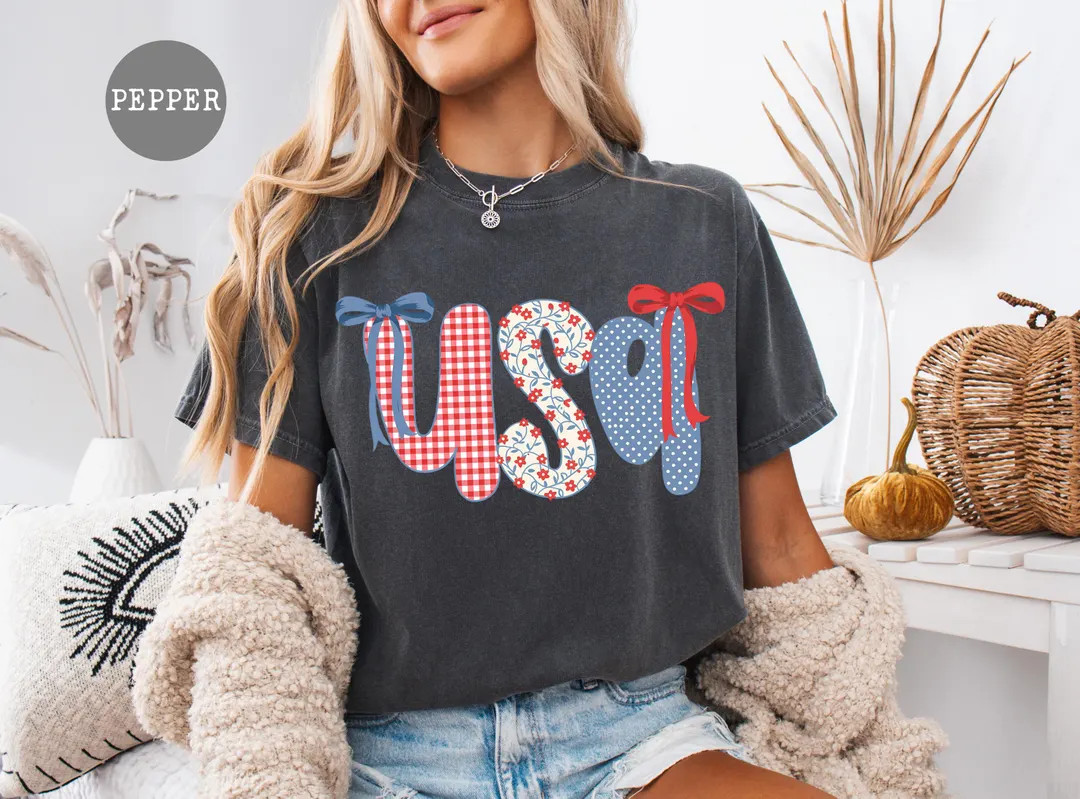 Comfort Colors Coquette USA Shirt, 4th of July Shirt Women, Floral Patriotic Shirt, Stars and Str... | Etsy (US)