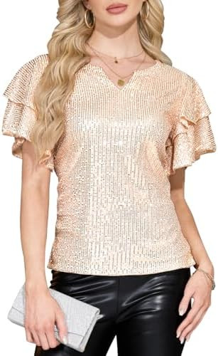 Women Sparkle Sequin Tops Glitter V Neck Blouse Tiered Ruffles Sleeve Cocktail Evening Party Club... | Amazon (US)