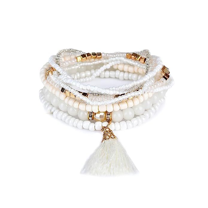 TIDOO Jewelry Vintage Bohemian Stretch Beaded Bracelet for Women Tassels Pendant Bracelet Set | Amazon (US)