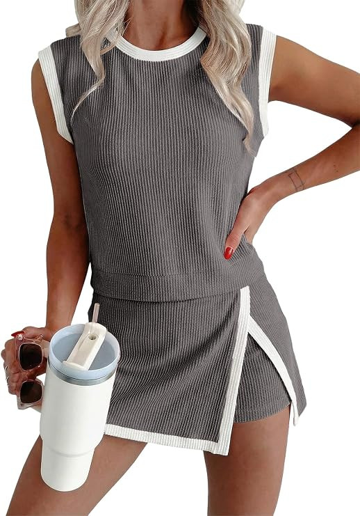 EVALESS 2 Piece Sets Women Summer Workout Outfits | Ribbed Knit, Tank Top and Lined Split Skirt, ... | Amazon (US)