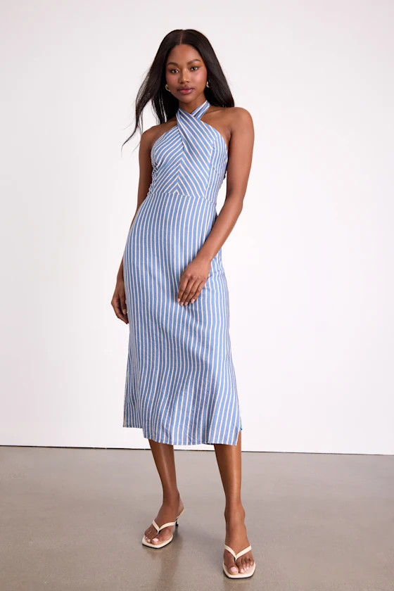 Gratiana Light Blue Striped Cross-Front Halter Midi Dress | vacation outfits beach | Lulus