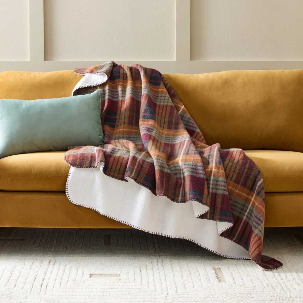 Better Homes & Gardens Plaid Reversible Faux Wool to Faux Fur Oversized Couch Throw Blanket, Crim... | Walmart (US)