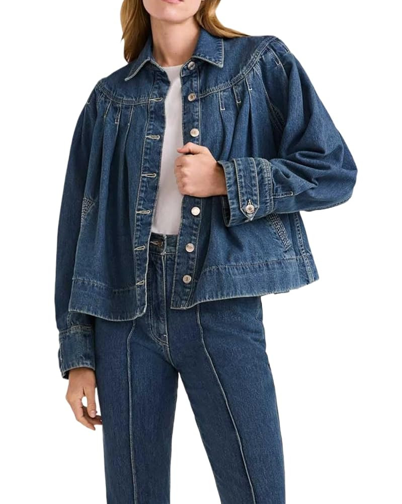 Womens Cropped Denim Jacket Long Sleeve Collared Button Down Pleated Jean Jckets with Pockets | Amazon (US)