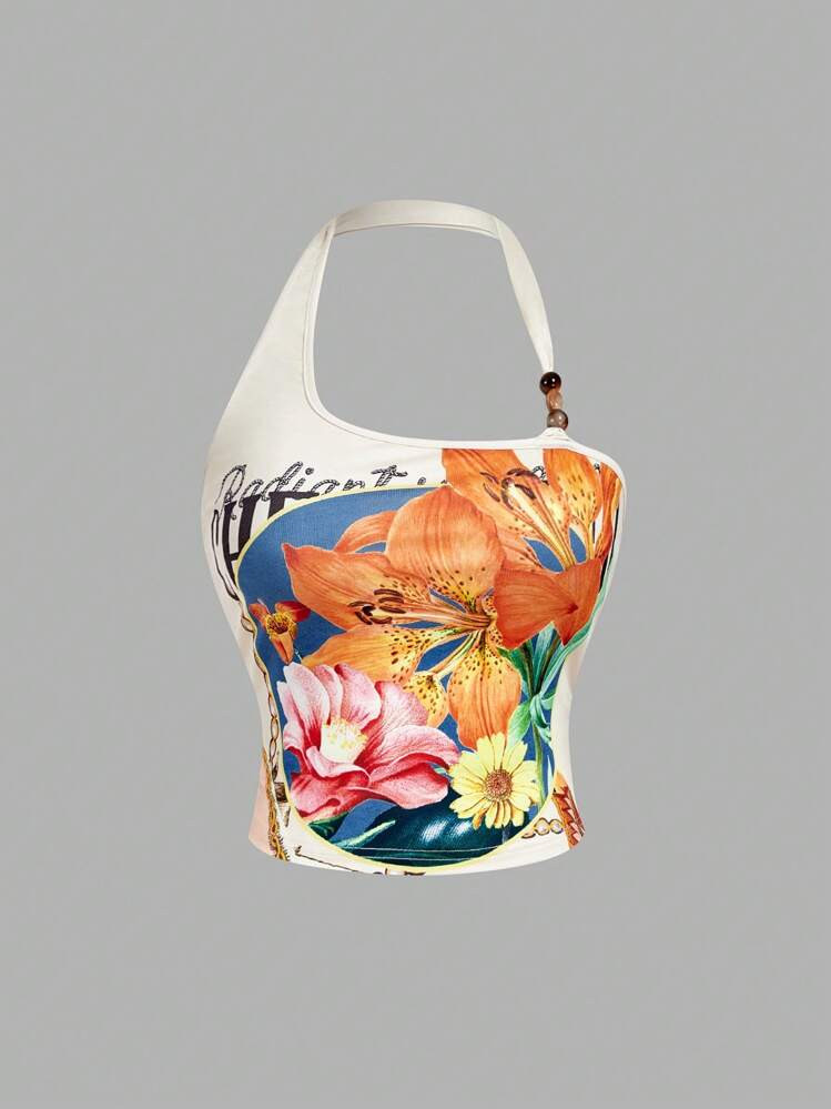 SHEIN MOD Plus Size Women Retro Floral Print Fitted Asymmetrical Open Shoulder Top, Faux Pearl Decor, Romantic Gothic Aesthetic, Hawaiian Style Vacation Wear, Y2K Vintage, Hippie, Western, Summer,Bohemian Halter Neck Top | SHEIN