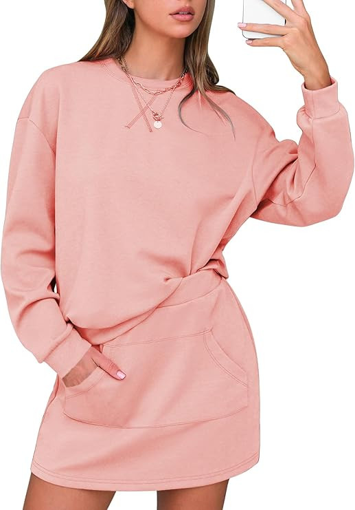 EXLURA Women 2 Piece Skirt Set Airport Outfits 2026 Cotton Travel Sweat Suit Casual Lounge Crewne... | Amazon (US)