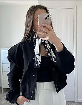 Womens Cropped Bomber Jacket Button Down Varsity Jackets Shackets with Pockets | Amazon (US)