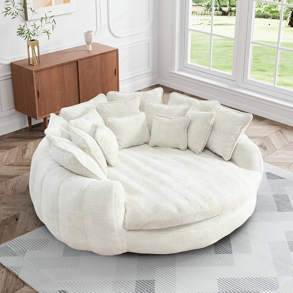 81.1" W Oversized Round Chaise Lounge, Fluffy Lazy Bean Bag Sofa with 14 Pillows, Comfy Chenille ... | Amazon (US)