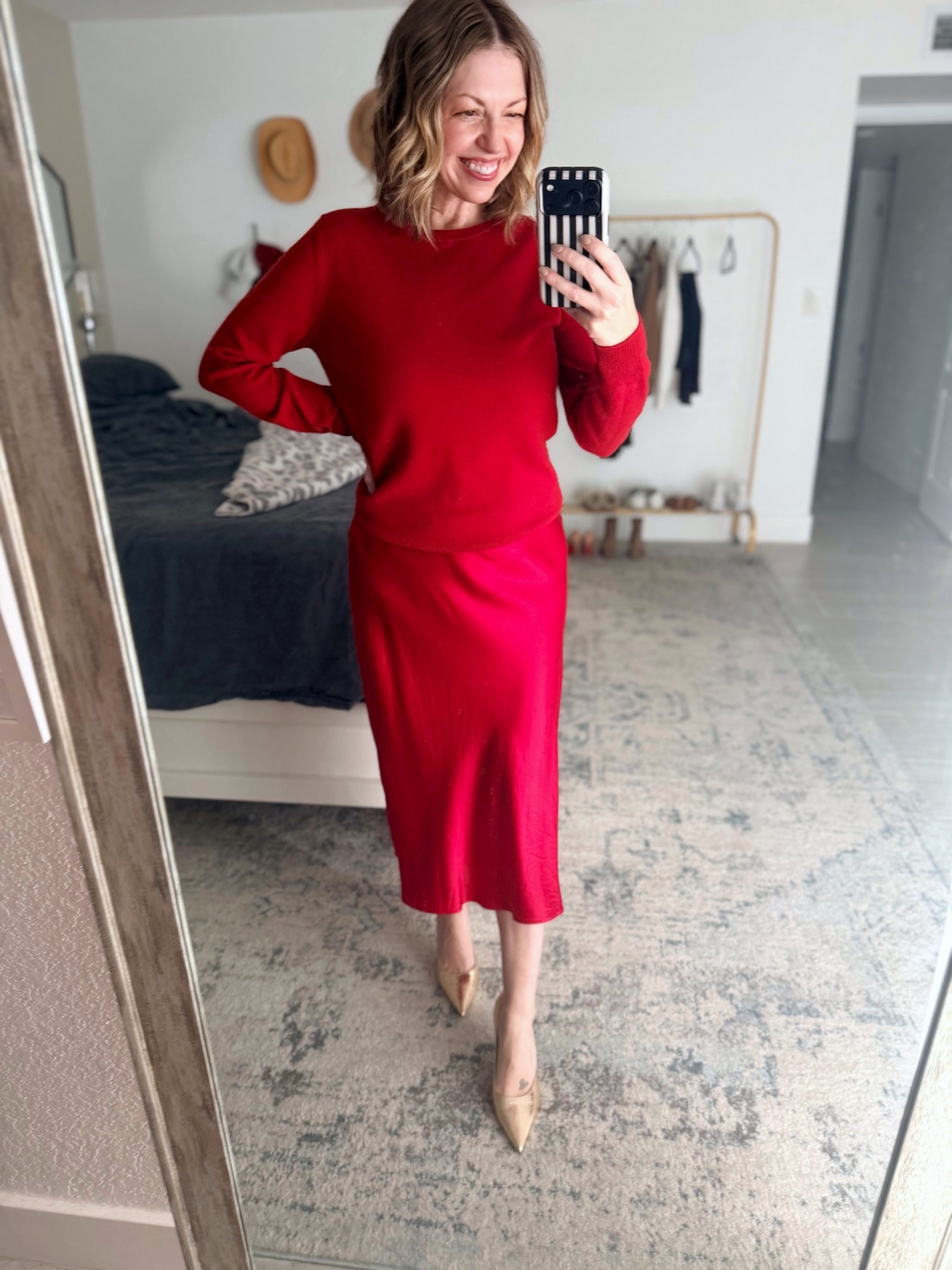 Feeling festive and cute in the perfect monochromatic look for the holidays. 
.
Skirt and sweater are both small. Shoes are Jimmy Choo and tts. 
.
| holiday outfits womens | Christmas outfits for her | petite holiday outfit | over 40 style |

#LTKHoliday #LTKootd #LTKPetite