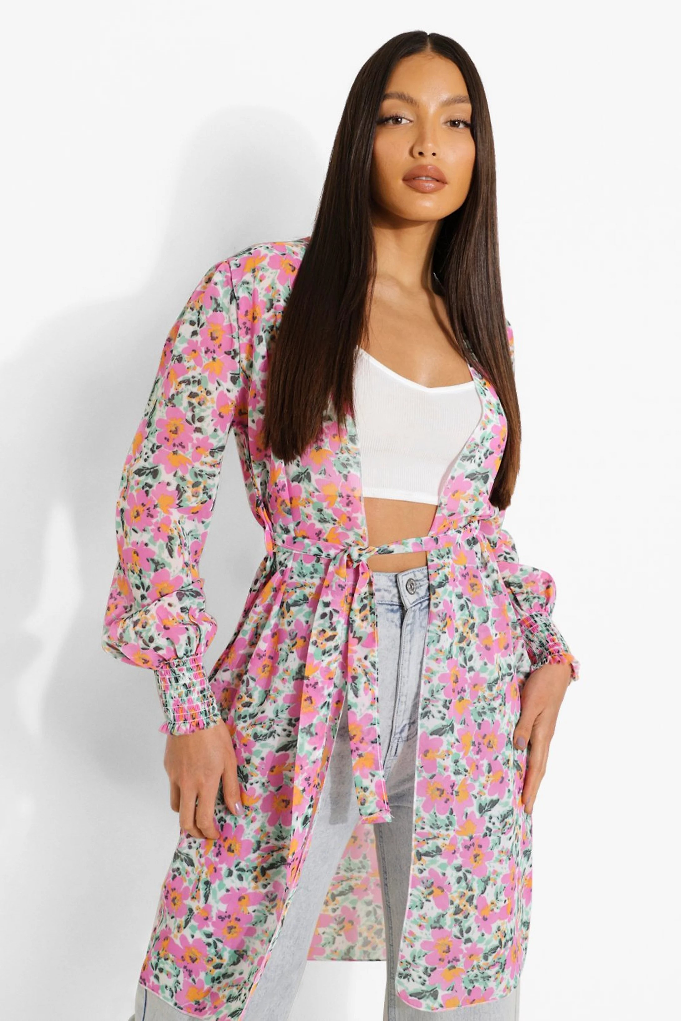 Tall Floral Shirred Cuff Kimono | Boohoo.com (US & CA)