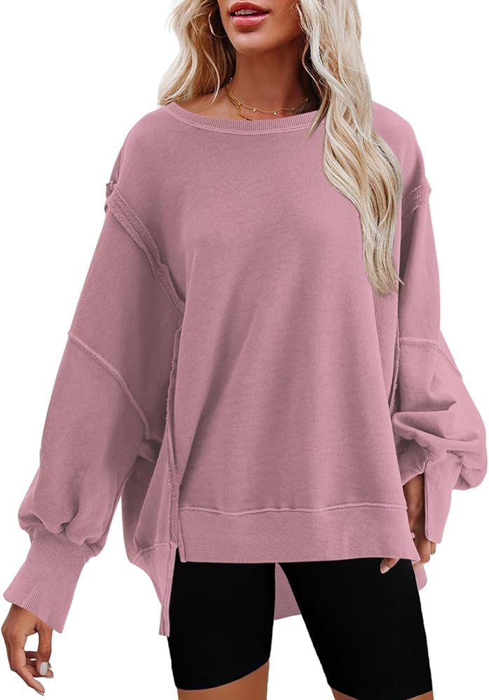Nirovien Womens Oversized Crewneck Sweatshirt Side Slit Long Sleeve Pullover Slouchy Fit Tops | Amazon (US)