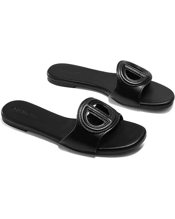 Coutgo Womens Dressy Flat Sandals Open Toe Slip on Leather Summer Beach Slide Sandals | Amazon (US)
