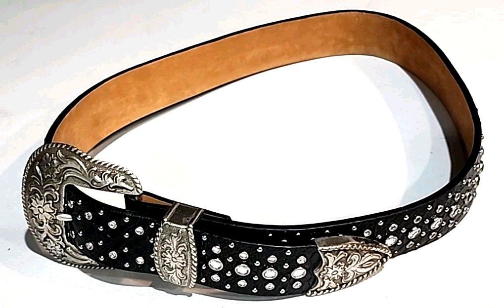 Vintage Ariat Womens Black Leather Belt Floral Rhinestones Studded 32/80 F105003 | eBay US