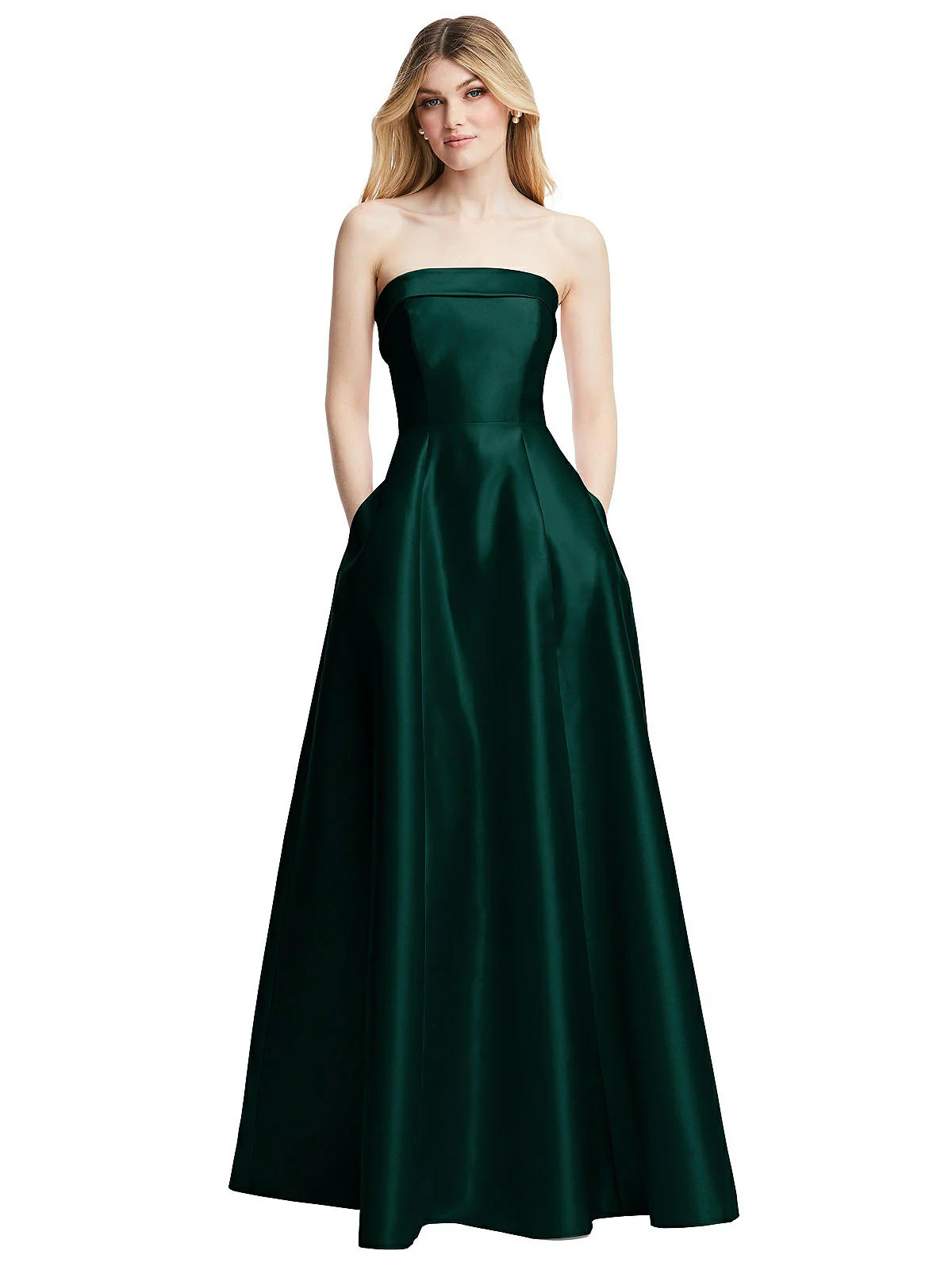 Strapless Bias Cuff Bodice Satin Gown with Pockets | Shop Simon
