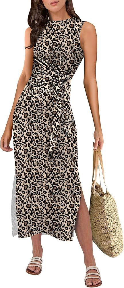 ANRABESS Womens Summer Casual Sleeveless T Shirt Midi Dress Slim Fit Tie Waist Split Tank Long Dr... | Amazon (US)