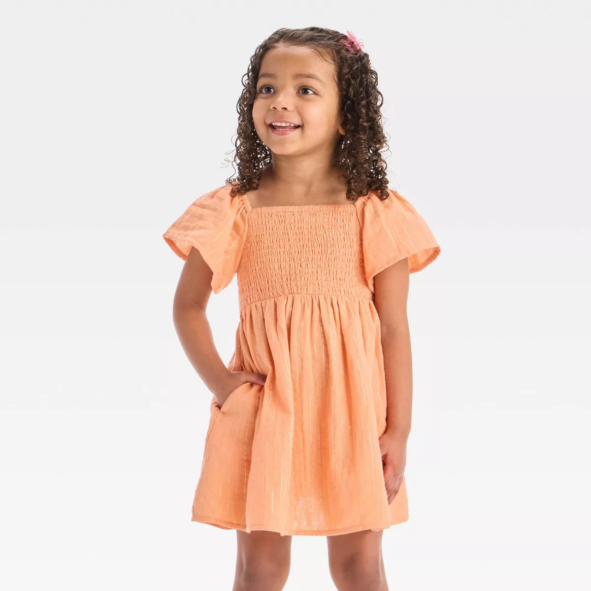 Toddler Girls' Gold Striped Short Sleeve Dress - Cat & Jack™ Peach Orange | Target