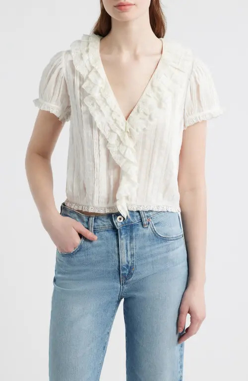 DÔEN Bernadette Pleated Lace Ruffle Trim Top in Salt at Nordstrom, Size Medium | Nordstrom
