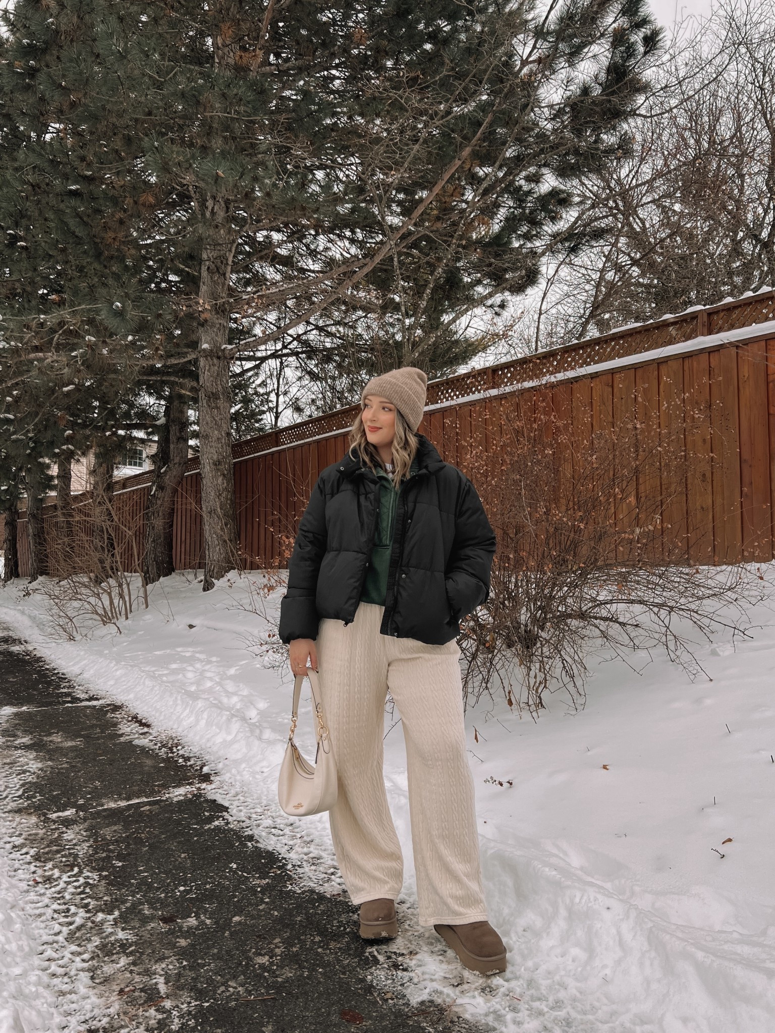 Comfy casual winter errands outfit! Wearing my usual size L in the cream cable knit wide leg pants, white tee, dark green sweatshirt, and black puffer jacket. My Ugg style boots are Amazon and such good quality, I’m usually a 9.5-10 and wear a 10. Canadian puffer jacket link under “similar products"


#LTKsale #LTKwinter #LTKmidsize