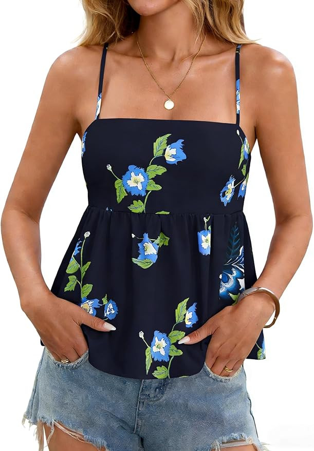 Yousify Womens Babydoll Tank Tops Spaghetti Strap Floral Cami Top Summer Cute Square Neck Flowy P... | Amazon (US)