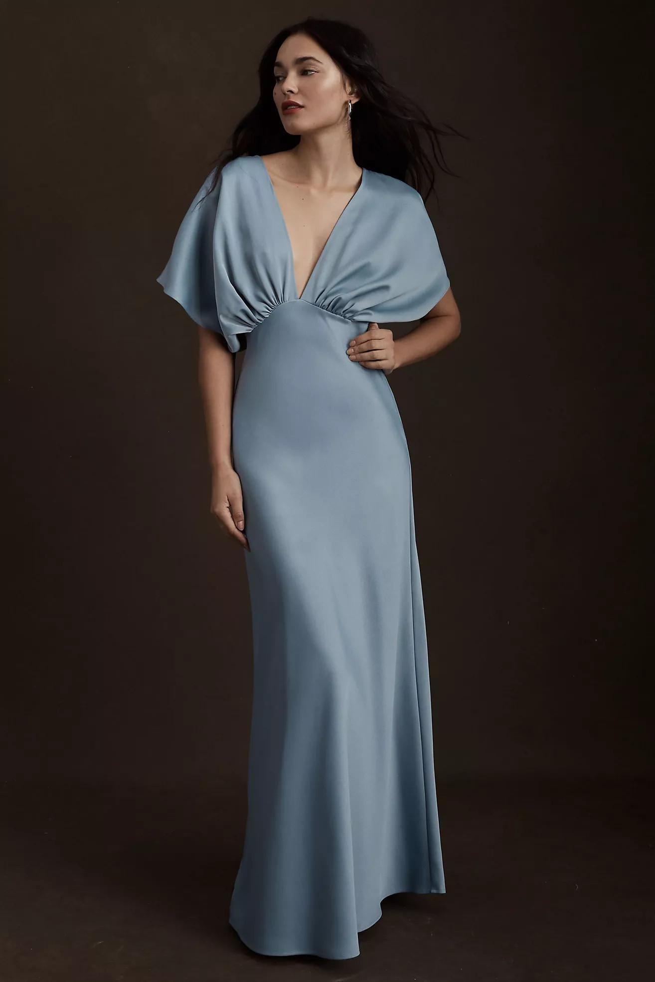 BHLDN Leila Deep-V Flutter-Sleeve Satin A-Line Gown | Anthropologie (US)