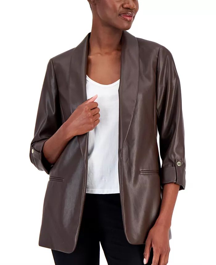 Women's Faux-Leather 3/4-Sleeve Blazer | Macy's