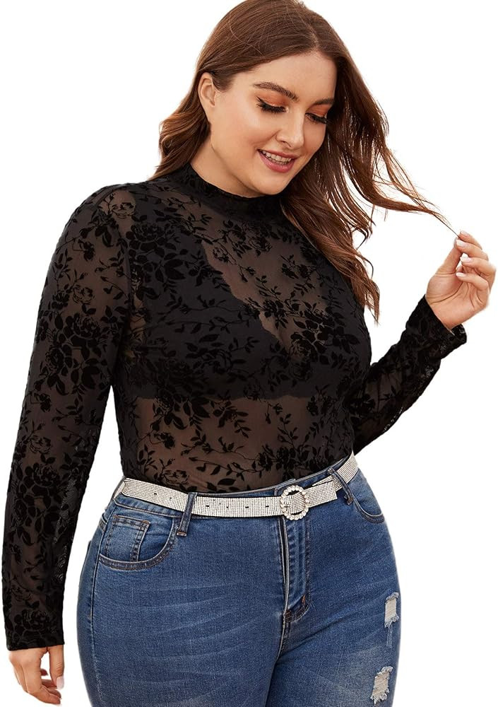 Floerns Women's Plus Size Floral Print Mock Neck Sheer Mesh Tee Shirts Top | Amazon (US)