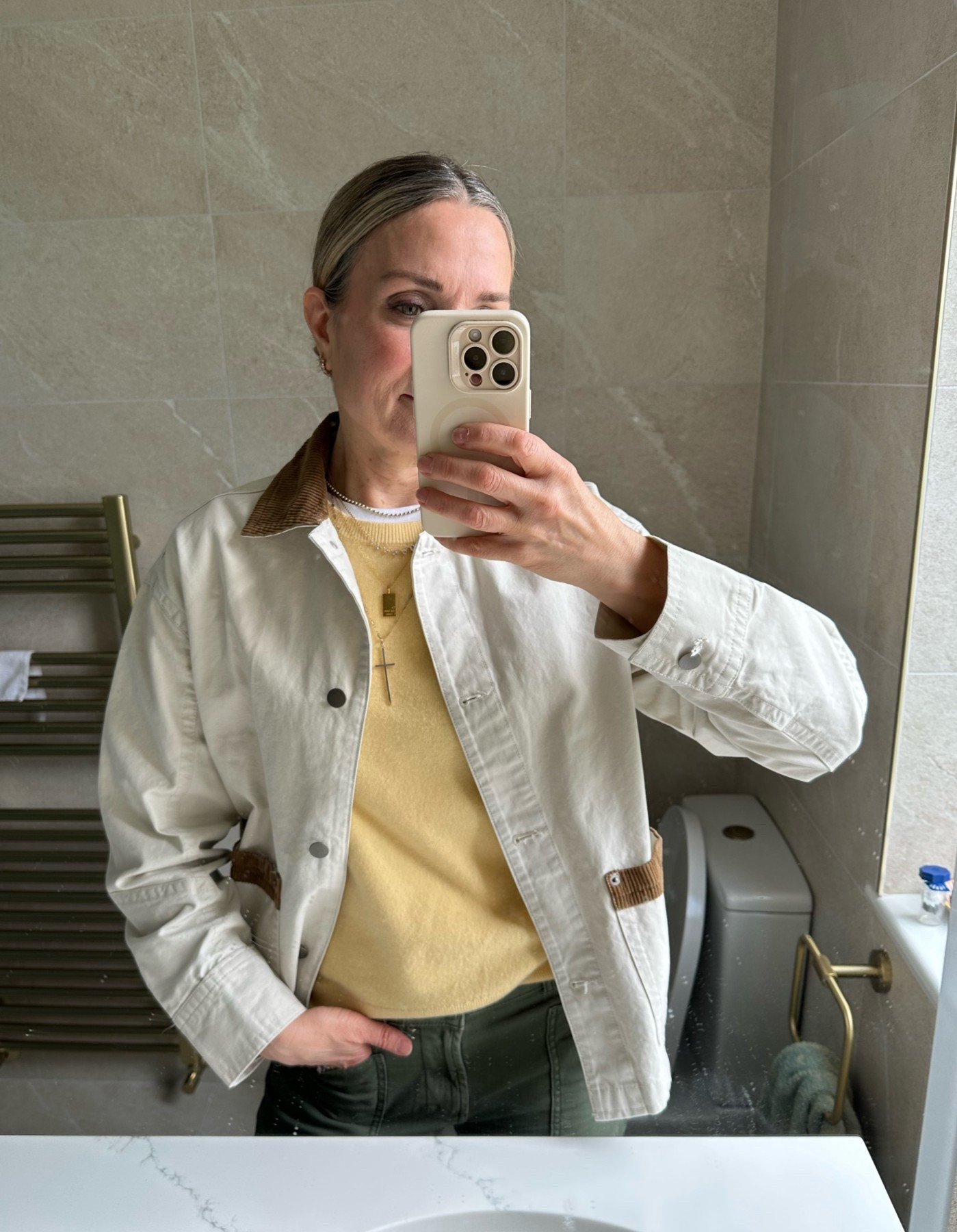Outfit of the day! 
@oldnavy Lightweight barn jacket with @Quince yellow cashmere sweater and @mirandafrye jewelry

#LTKootd #LTKOver40 #LTKdayinmylife