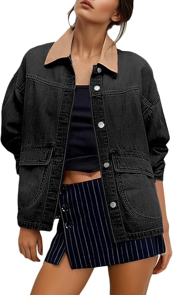 EVALESS Jean Jacket Women Trendy Color Block Denim Jacket Oversized Long Sleeve Button Down Barn ... | Amazon (US)