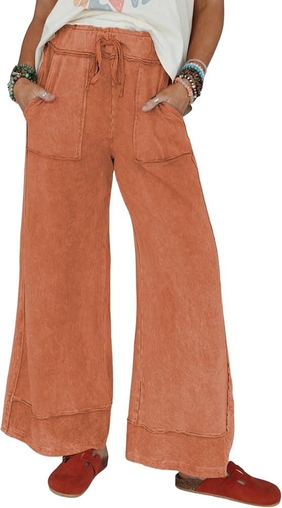 Athlisan Womens Casual Wide Leg Sweatpants Acid Wash Elastic Waisted Palazzo Pants Trousers with ... | Amazon (US)