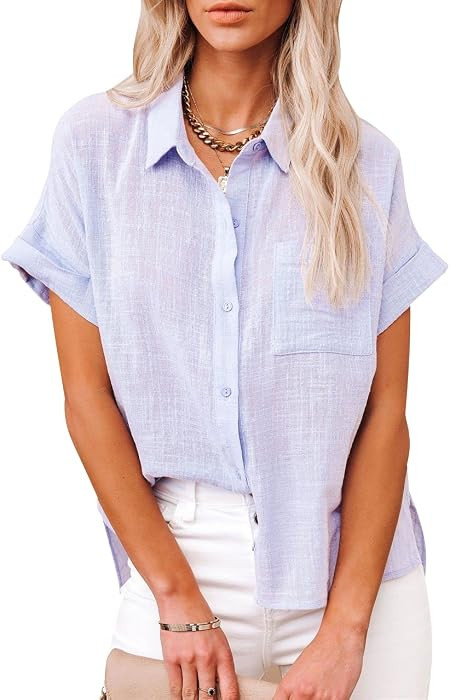 Paintcolors Women's Casual Short Sleeve Button Down Shirts Cotton Blouses V Neck Casual Tunics So... | Amazon (US)