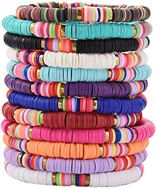 12pcs/set Elastic Bracelet Bohemian Colorful Polymer Clay Beaded Bracelets for Women Holiday Jewelry | Amazon (US)