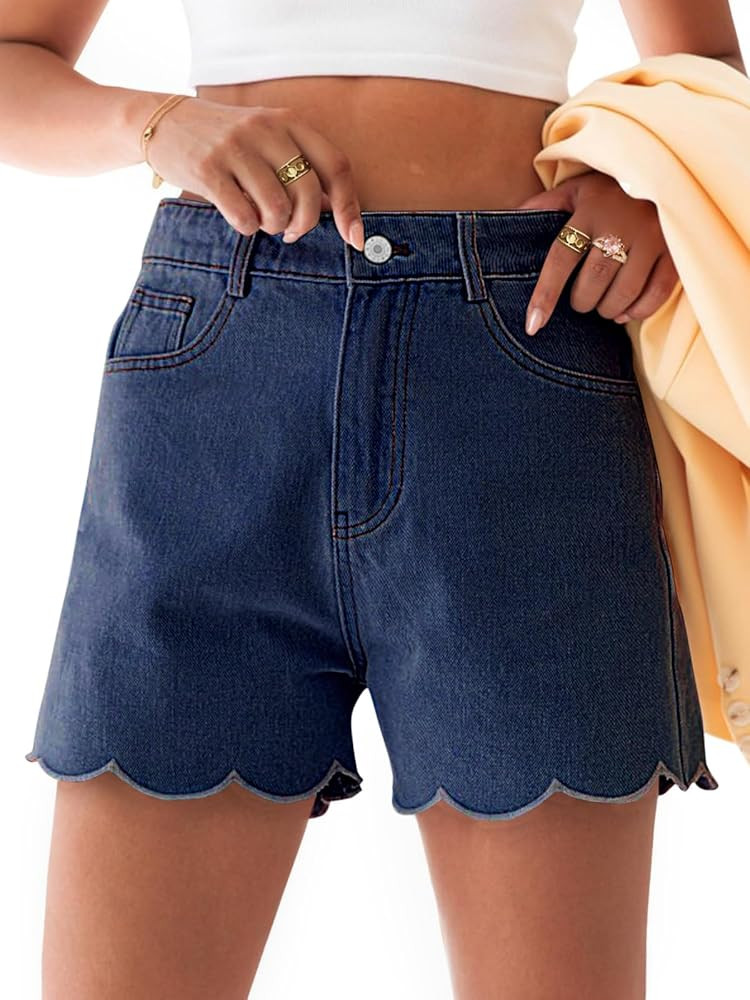 Aoysky Womens High Waisted Denim Shorts Summer Straight Leg Wave Hem Short Jeans Casual Trendy Jo... | Amazon (US)