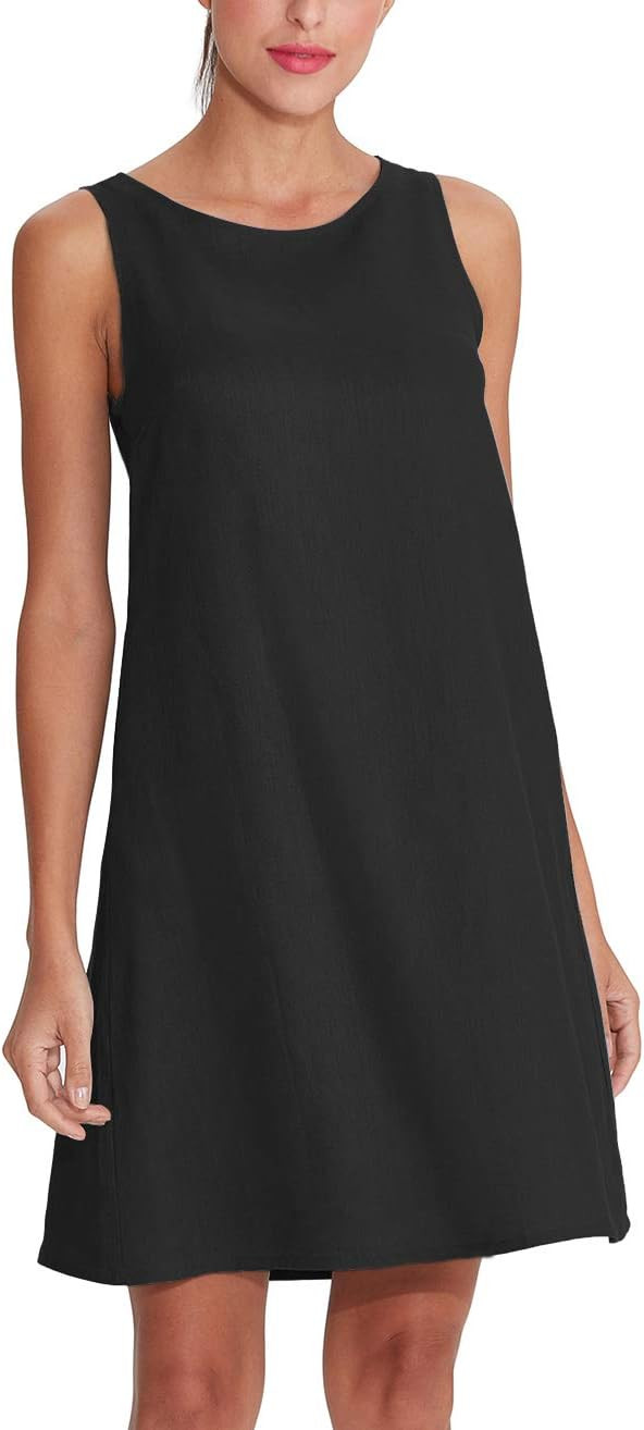 Amazhiyu Women's Linen Sleeveless Shift Dress with Pockets Crew Neck Casual Tank Dress | Amazon (US)