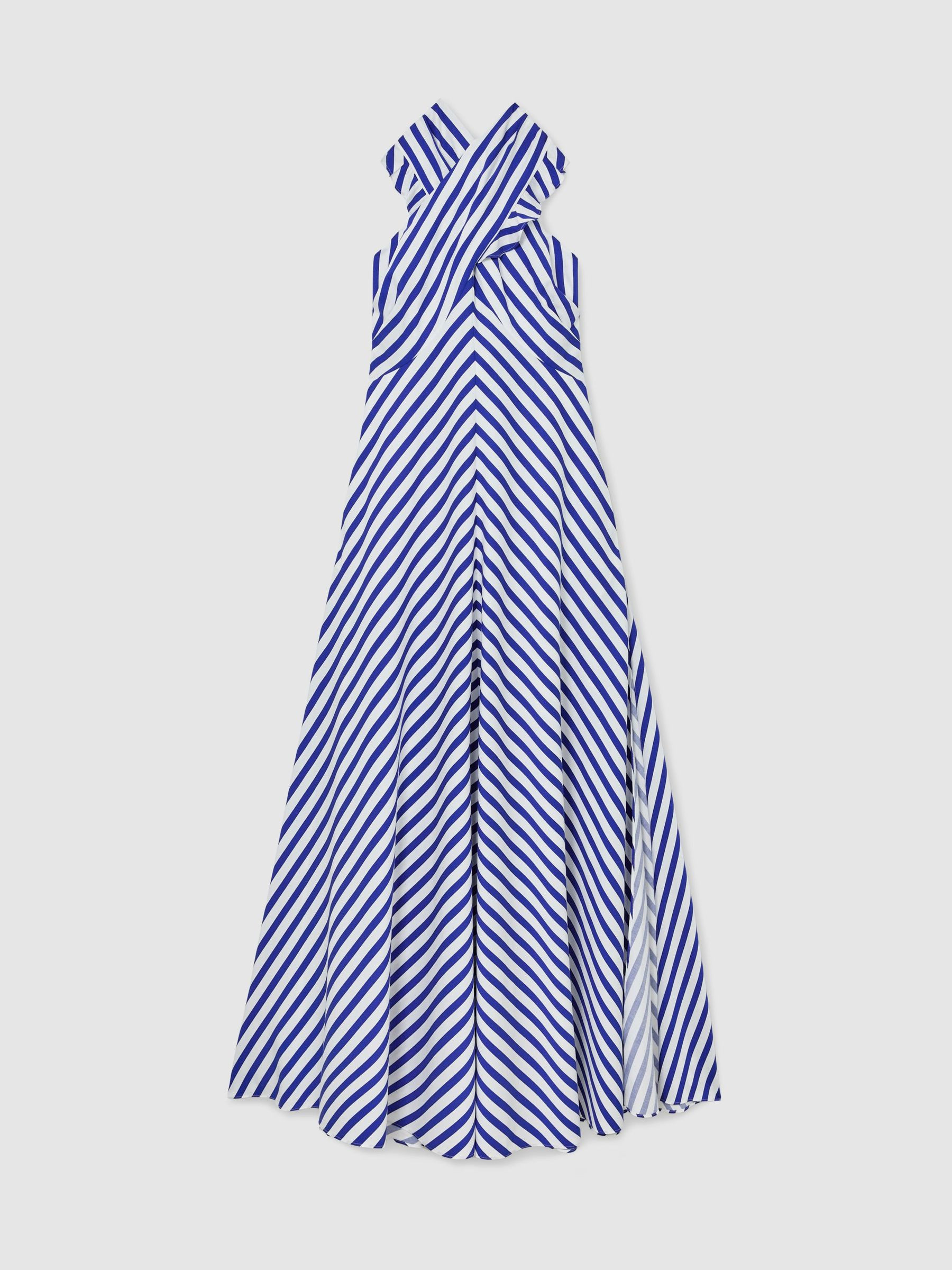 Striped Halterneck Ruffle Maxi Dress in Blue/Ivory | Reiss US