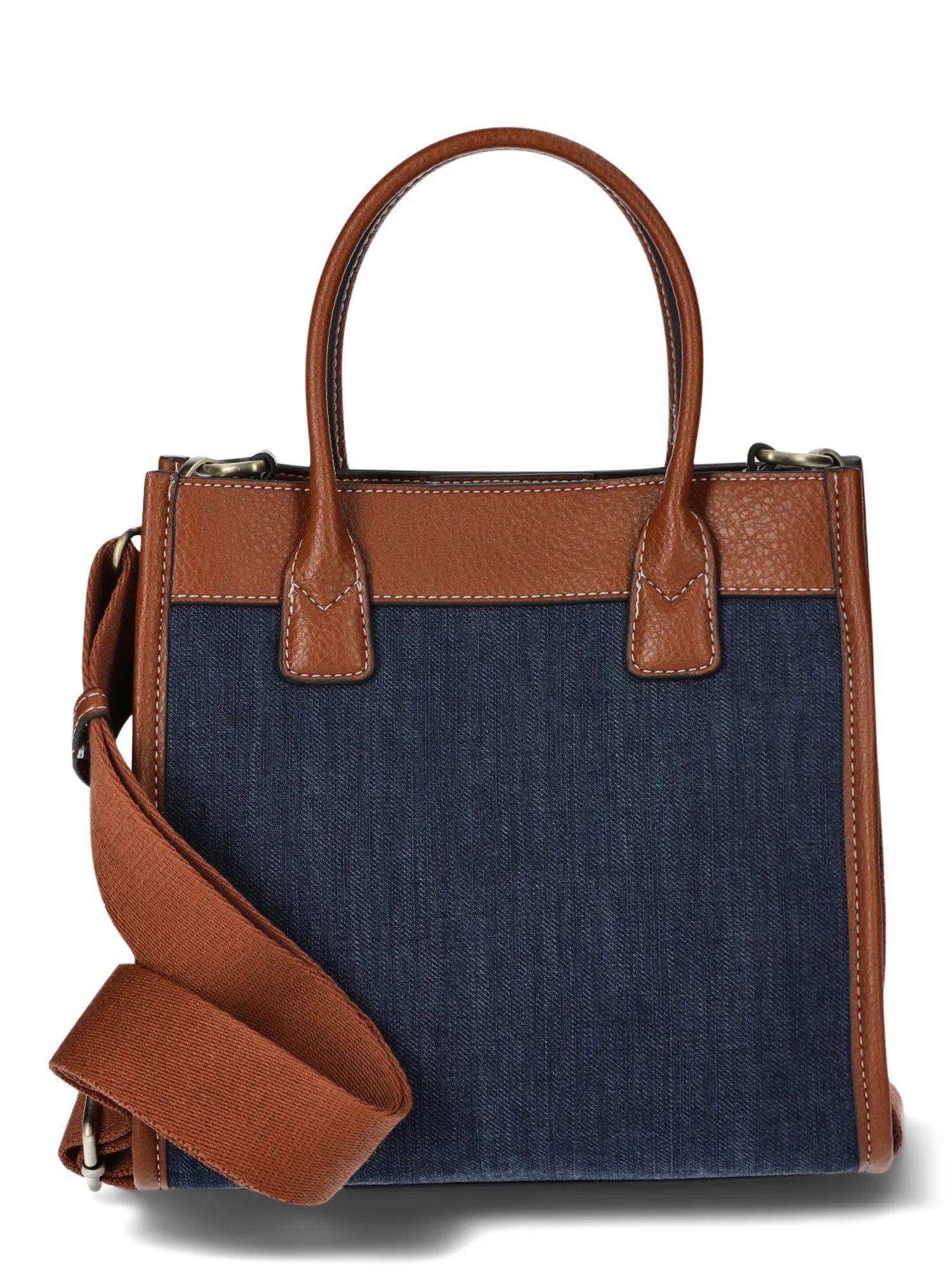 Time and Tru Women's Denim Mini Box Tote Bag with Crossbody Strap, Denim/Brown | Walmart (US)