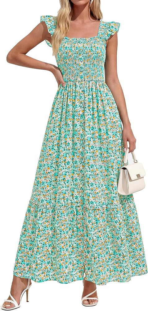 dowerme Womens Summer Maxi Dresses 2026 Casual Ruffle Sleeve Button Smocked Floral Slit Boho Dres... | Amazon (US)