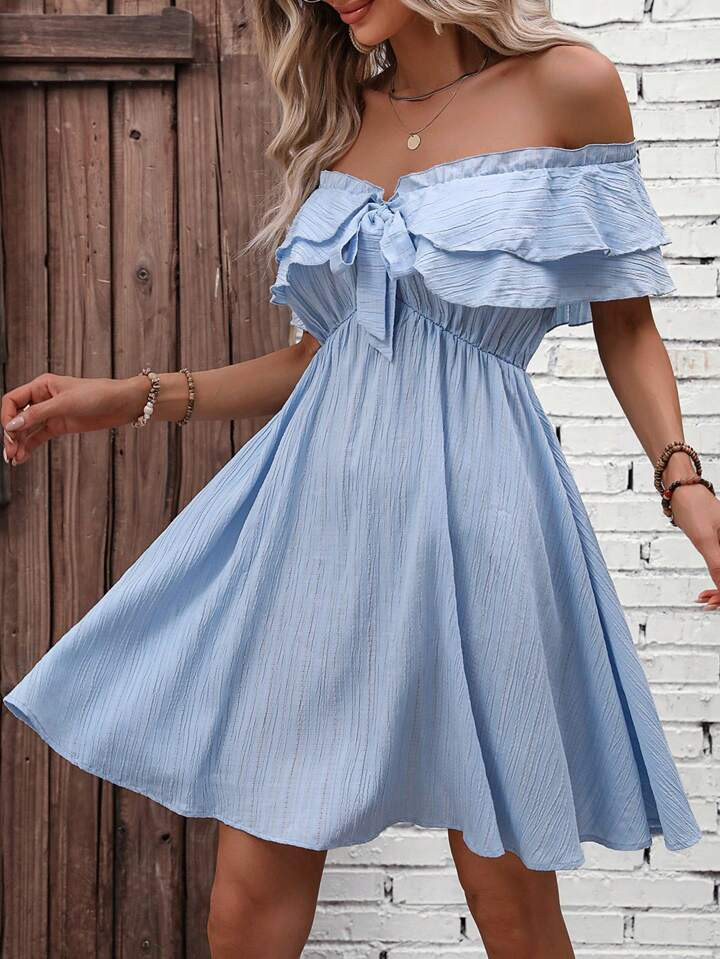 SHEIN VCAY Off Shoulder Knot Front Ruffle Trim Dress | SHEIN