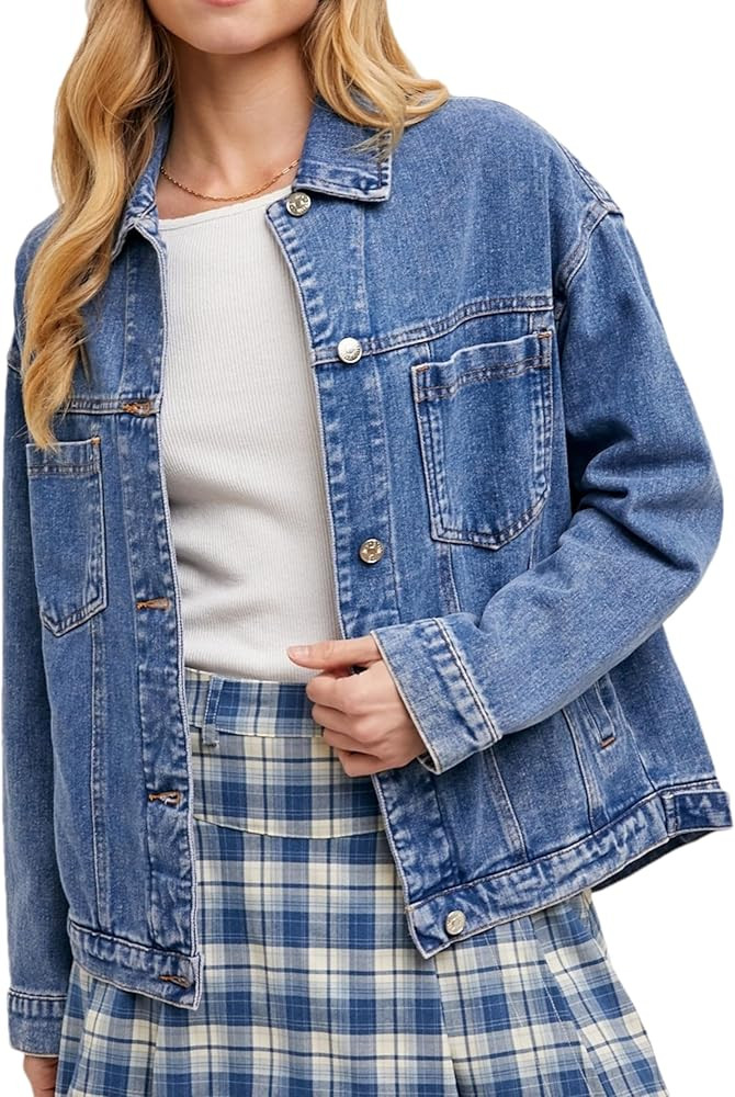 Bozanly Women's Classic Denim Jacket Trendy Long Sleeve Button Down Distressed Jean Jackets Outwe... | Amazon (US)
