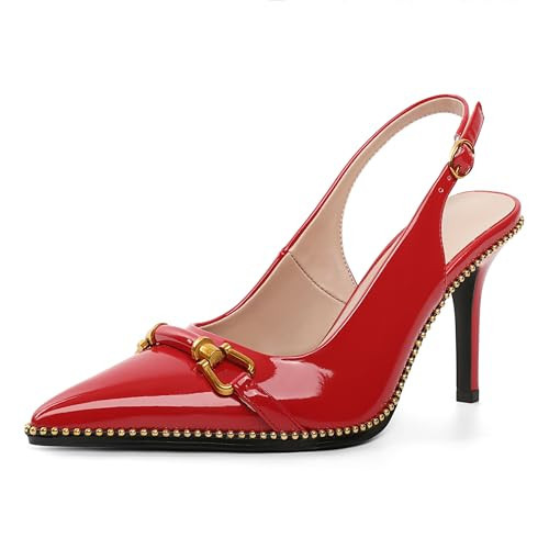 Joseywade Red Slingback Heels Women Closed Pointed Toe Stiletto High Heels Pumps Buckle Gold Beaded Shoes 3.5 Inch for Work Cocktail Club Night Out Size 7.5 | Amazon (US)
