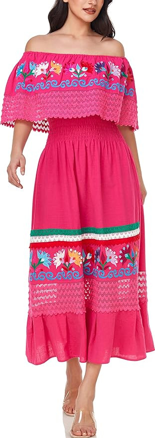 YZXDORWJ Women Embroidered Mexican Present Casual Sexy Lace Off-Shoulder Long Dress | Amazon (US)