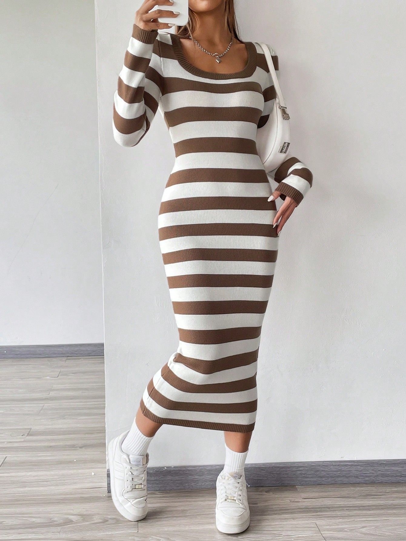 Striped Pattern Square Neck Sweater Dress | SHEIN