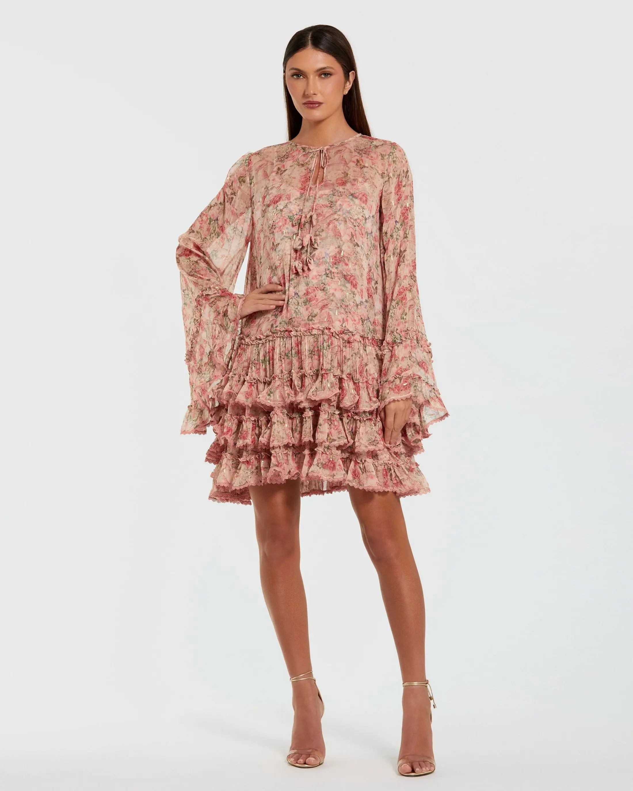 Mac Duggal - Pink Floral Long Sleeve Ruffle Mini Dress - Pink Multi / L | Mac Duggal