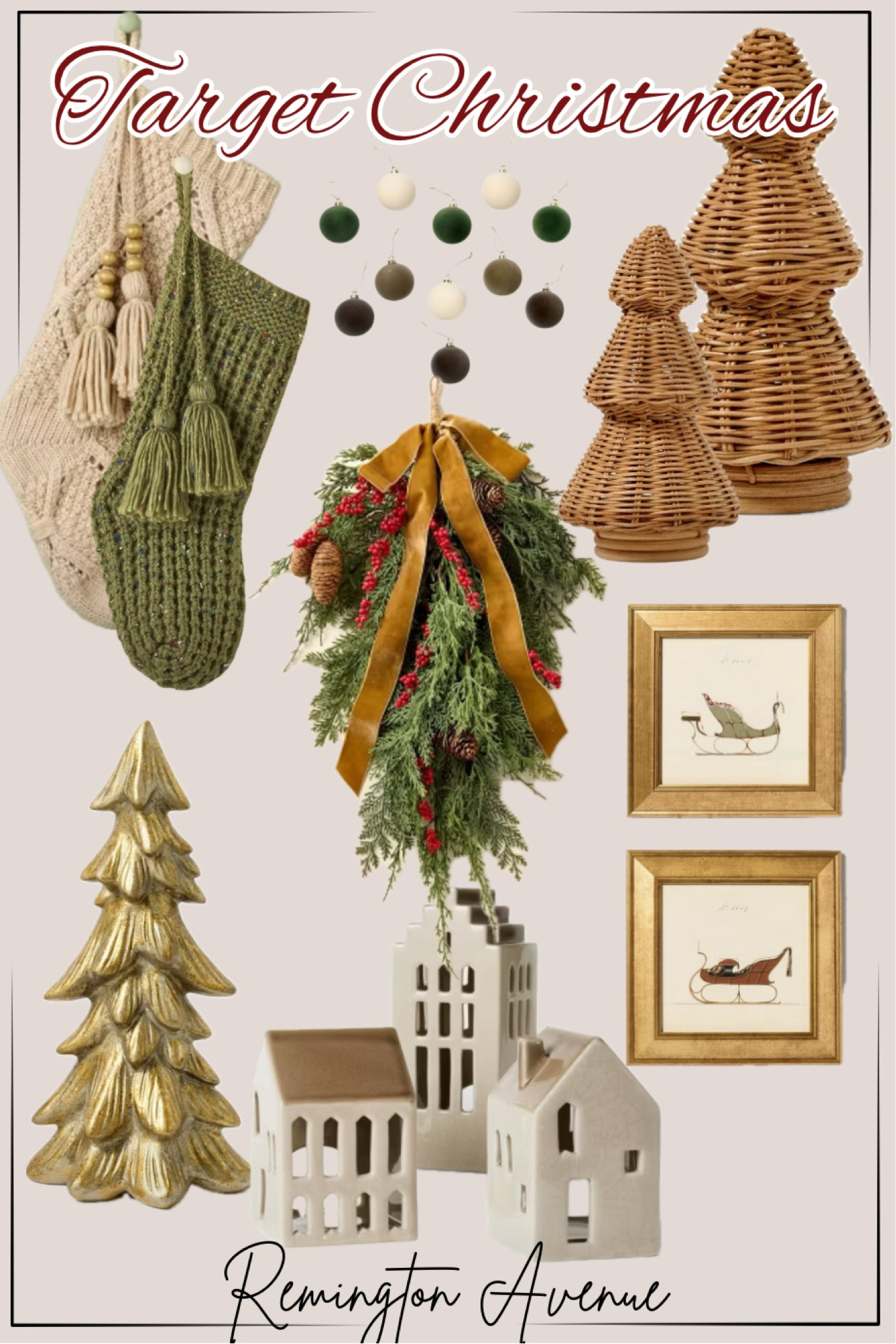 Target Christmas decorations for the neutral lovers. The threshold Studio McGee holiday line and Hearth and Hand have such cute table and shelf decor this year. 
Rattan Christmas trees, ceramic and gold textured Christmas trees, holiday prints in gold frames, knit stockings, velvet ornaments, faux cedar Christmas swag, set of 2 large gold deer figurines, small faux pine tree in a basket, faux cedar wreath with twine wrap, ceramic house tea light candle holders, jingle bell strand

#LTKHoliday #LTKHome #LTKSeasonal