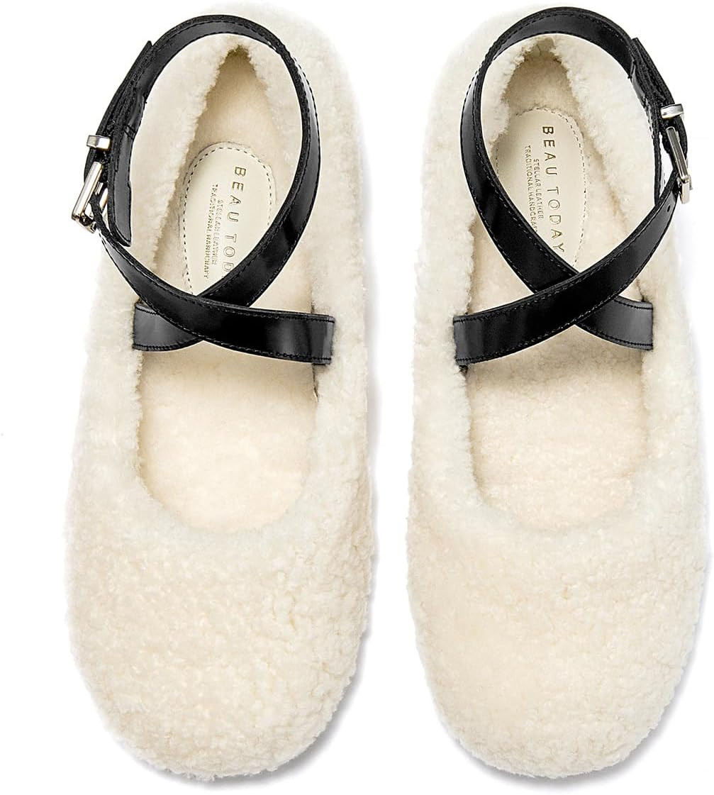 BEAU TODAY Womens Fur Mary Jane Flats,Warm Wool Fleece Ballet Winter Shoes | Amazon (US)