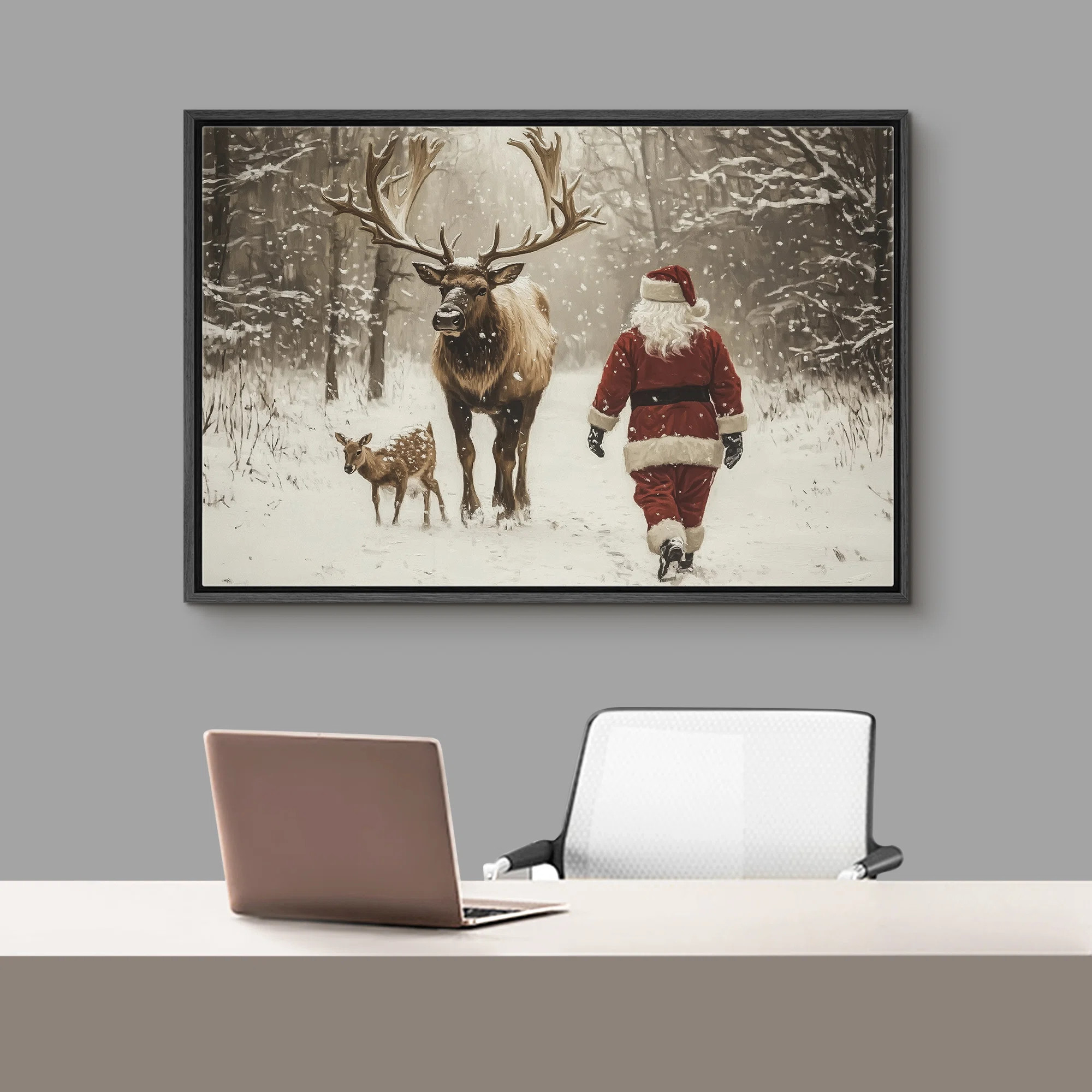 Santa Claus And Reindeer In Forest Snowy Winter Cozy Christmas Holiday Framed Canvas Print Wall A... | Wayfair North America