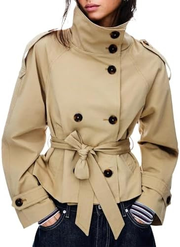 Women's Cropped Trench Coat Double Breasted Short Jacket High Collar Fall Winter Coats Trendy Out... | Amazon (US)