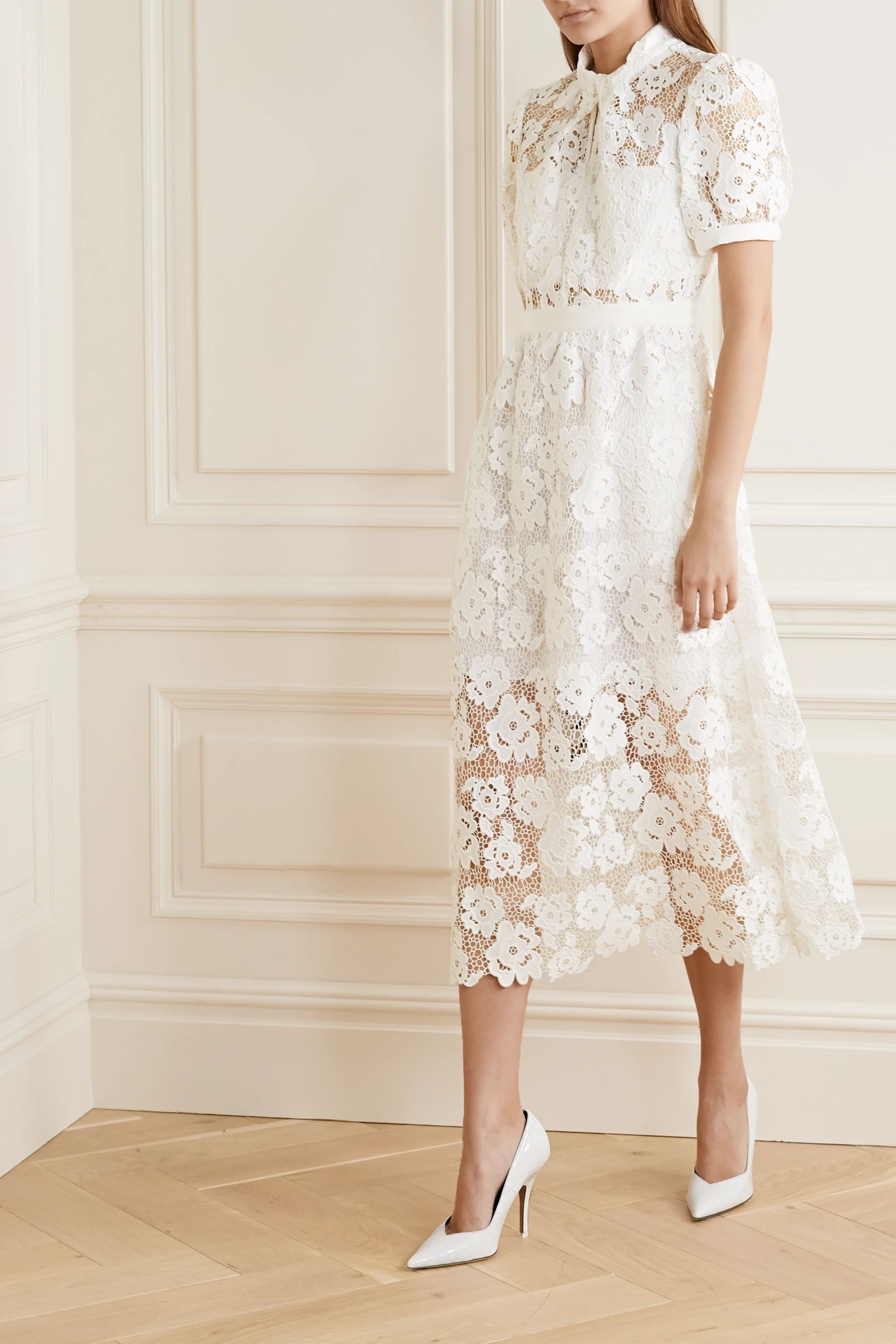 White Grosgrain-trimmed guipure lace midi dress | Self-Portrait | NET-A-PORTER | NET-A-PORTER (US)