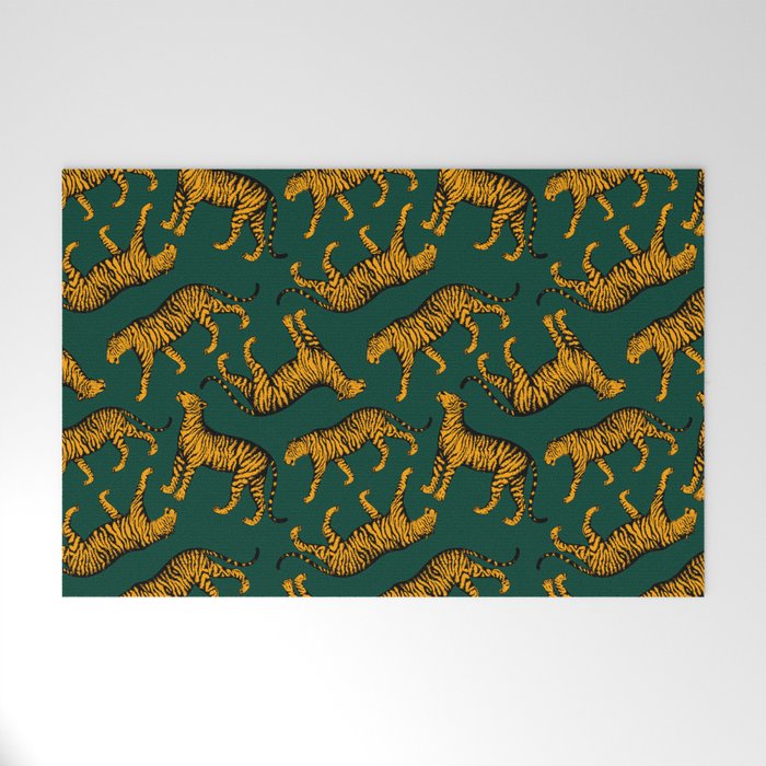 Tigers (Dark Green and Marigold) Welcome Mat by illucalliart | Society6