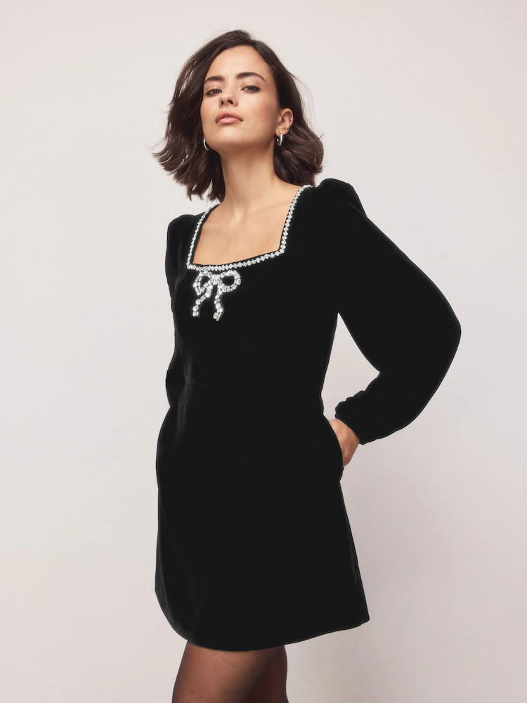 Black Velvet Embelished Bow Long Sleeve Mini Dress | Next EU